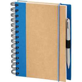 wirebound recycled journal with royal blue fabric trim